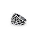 Zircon Stone Aztec Patterned Ring // Silver + Black (11.5)