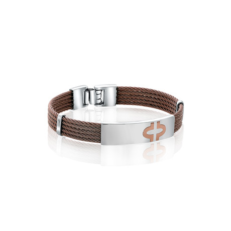 Coffee Stainless Steel Cable Bracelet // Brown + Silver