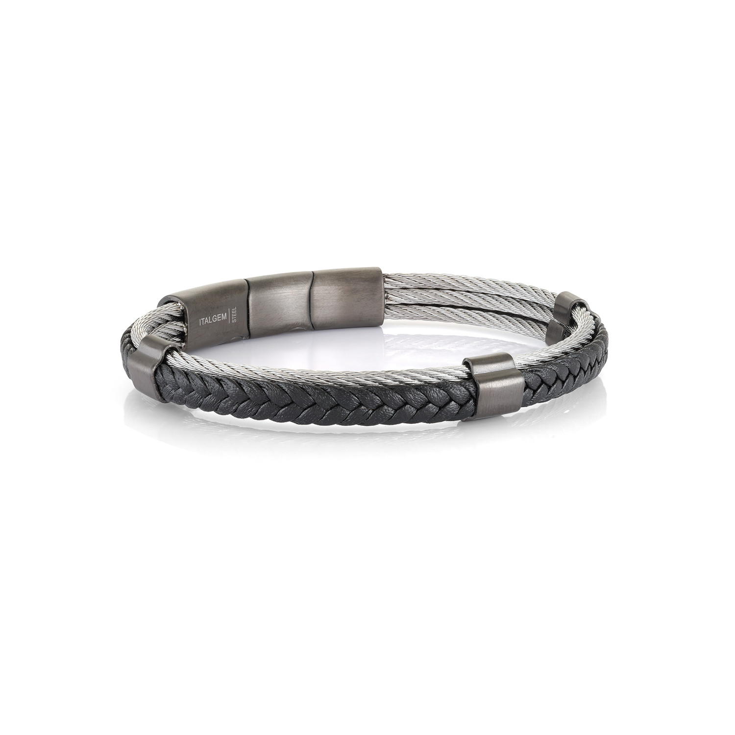 Stainless Steel Cable + Leather Bracelet // Silver + Black - ITALGEM ...