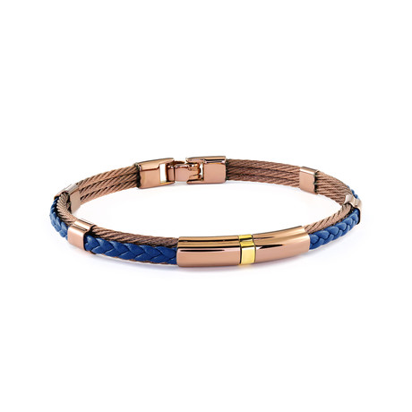 Stainless Steel + Leather Bracelet // Rose Gold + Blue (XS)
