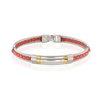 Stainless Steel Cable + Braided Leather Bracelet // Red + Silver (S)