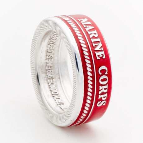 Powder Coated Marines Silver Coin Ring // Red (Size 8)
