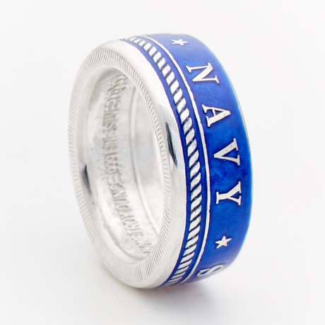 Powder Coated Navy Silver Coin Ring // Blue (Size 9)