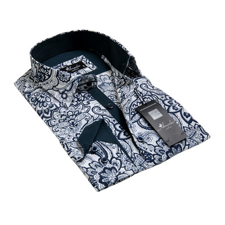 Amedeo Exclusive // Reversible Cuff Button-Down Shirt // White + Navy + Blue Floral (2XL)