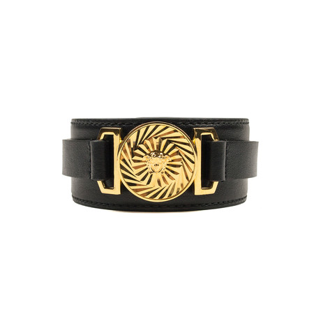 Gianni Versace // Leather + Metal Bracelet // Black + Gold Tone