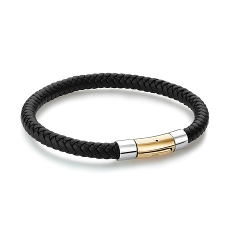 Push Clasp Stainless Steel + Leather Bracelet // Gold + Black