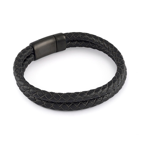 Stainless Steel + Black Leather 2-Strand Bracelet