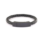 Carbon Fiber Clasp Stainless Steel + Leather Bracelet // Black (7.7"L)