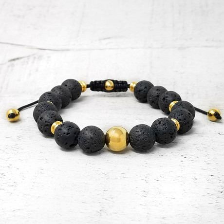 Gold Plated Stainless Steel Natural Stone Beaded Adjustable Bracelet // 10mm (Onyx)