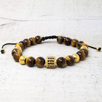 Natural Stone + Accented Stainless Steel Beaded Adjustable Bracelet // 8mm (Gold-tone)