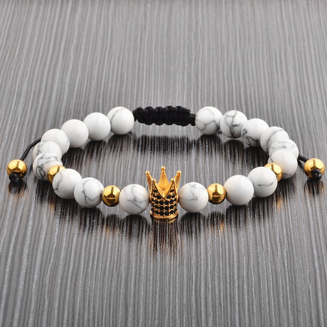 Howlite + Stainless Steel Crown Beaded Adjustable Bracelet // White + Gold + Black
