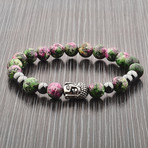Anyolite + Hematite + Buddha Bead Stretch Bracelet // Gray + Silver + Green + Pink