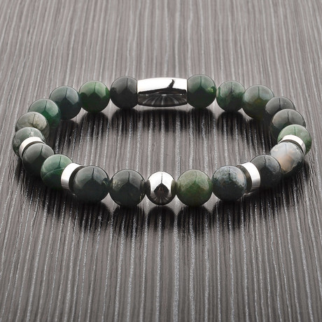 Moss Agate Stone + Stainless Steel Beaded Bracelet // Green + Silver
