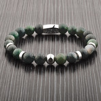 Moss Agate Stone + Stainless Steel Beaded Bracelet // Green + Silver