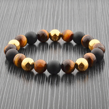Red Tiger's Eye + Matte Onyx + Stainless Steel Beaded Bracelet // Red + Black + Gold