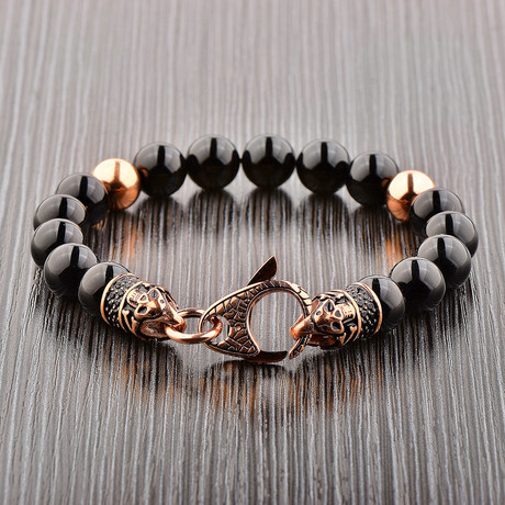 Stainless Steel + Onyx Beaded Bracelet // Black + Gold
