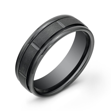 Matte Groove Lined Comfort Fit Ring // 7mm // Black (5)