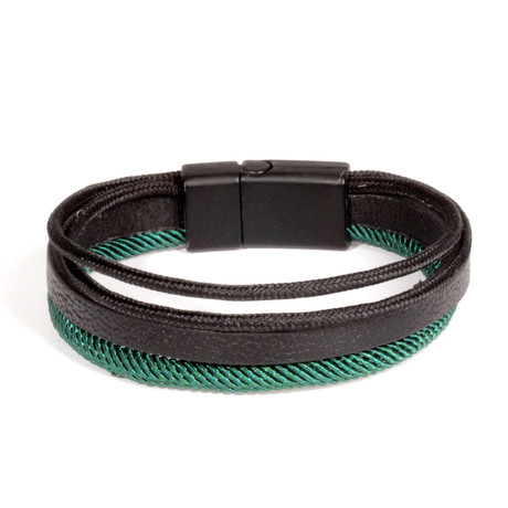 Four Strap Leather Bracelet // Black + Forest Green