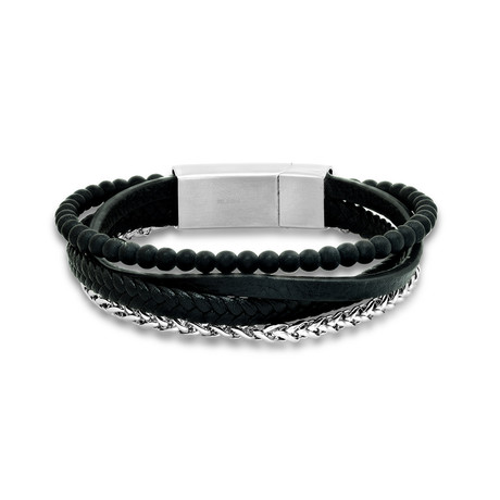 Layered Leather + Beaded Bracelet // Silver