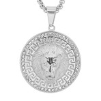 Pendant // Stainless Stainless Steel And Simulated Diamonds Round Lion Head With Greek Key Accents
