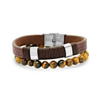 Leather + Stainless Steel + Tiger Eye Beaded Bracelet // Set of 2 // Brown + Silver