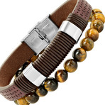 Leather + Stainless Steel + Tiger Eye Beaded Bracelet // Set of 2 // Brown + Silver