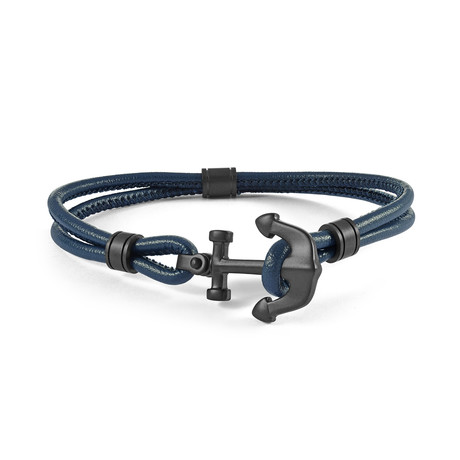 Anchor Leather Bracelet // Navy Blue + Black (S)