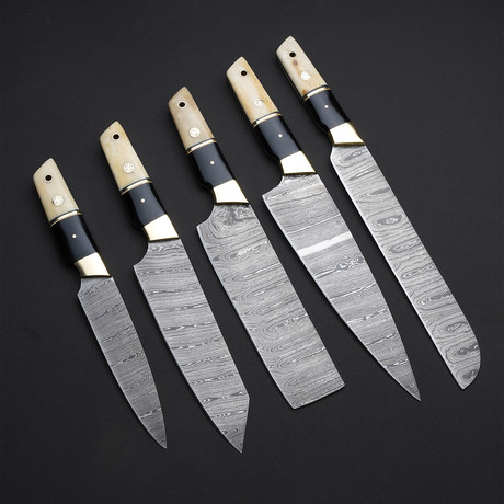 Chef Knives // Set Of 5 Pieces // Stainless Steel + Black Horn + Olivewood