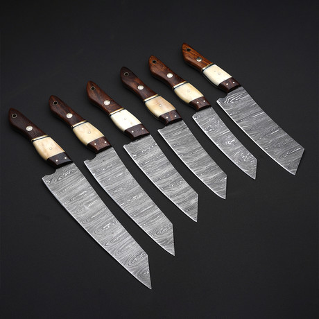 Chef Knives // Set Of 6 Pieces // Bone + Brass + Red Fiber