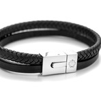 Double Layer Leather Bracelet (Black + Silver)
