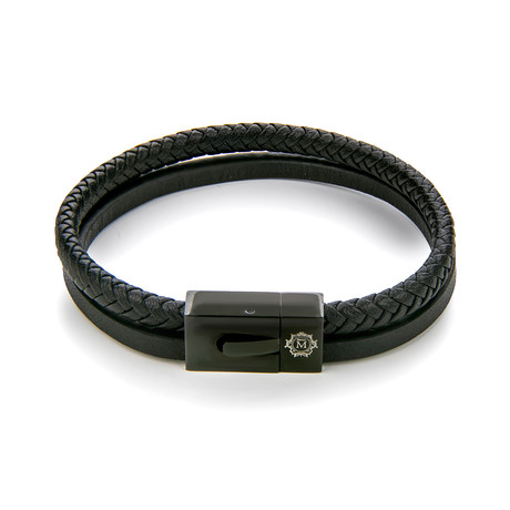 Double Layer Leather Bracelet (Black + Silver)