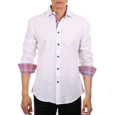 Gingham Cuff's & Plaket Detail Button Up Shirt // White Melange + Multicolor (S)