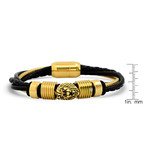 Wheat Chain Braided Bracelet + Lion Head // Black + 18K Gold Plated