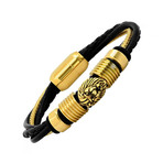Wheat Chain Braided Bracelet + Lion Head // Black + 18K Gold Plated