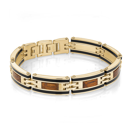 Stainless Steel Wood Inlay Link Bracelet // Gold