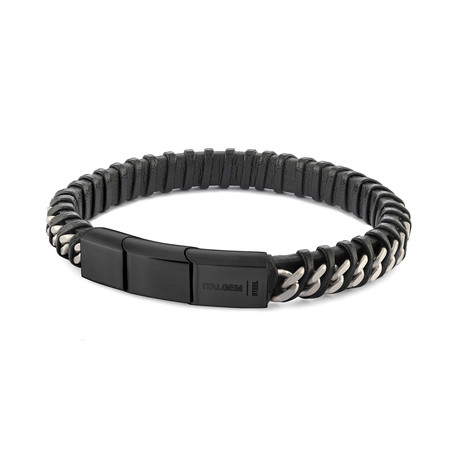 Curb Link Leather Twisted Design Bracelet // Black (S)