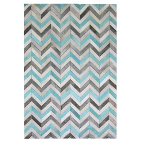 Cow Hide Rug // Aqua + Gray + White Chevron (4'L x 6'H)