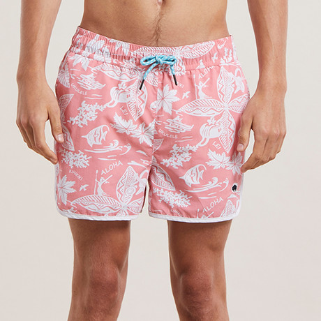Aloha Hawaiian Printed Swim Shorts // Coral (S)