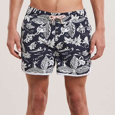 Aloha Hawaiian Printed Swim Shorts // Black (S)
