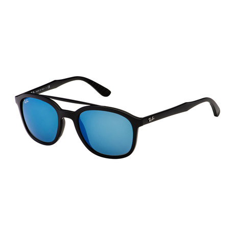 Men's Square Double Bridge Sunglasses // Black + Blue Mirror