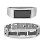 Fiber Carbon Ring + Link Chain Bracelet Set // Silver