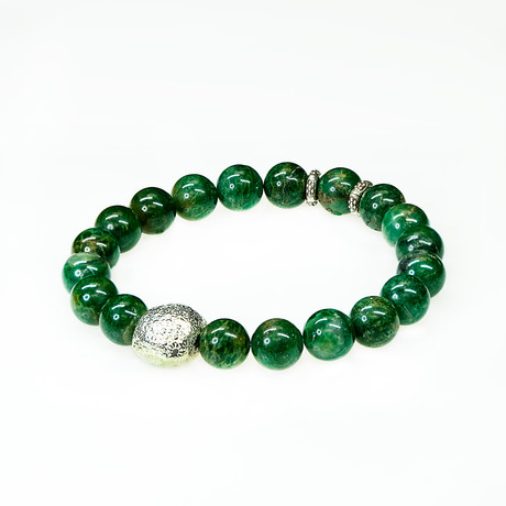 Dell Arte // Rare Peacock Stone + African Jade Bead Bracelet // Green + Silver