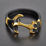 Polished Anchor + Leather Toggle Bracelet (Black + Gold)