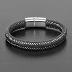 Intertwined Stainless Steel + Leather Bracelet (Black + Silver)