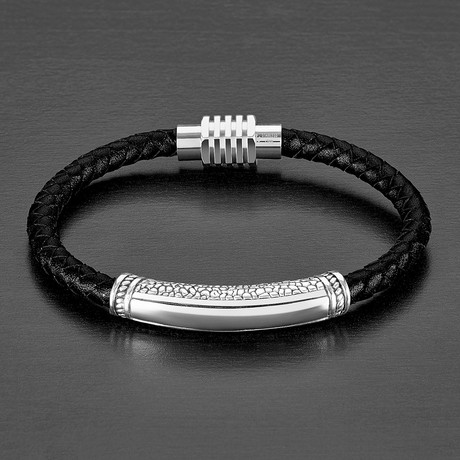 Tube ID Plate + Braided Leather Bracelet // Black + Silver