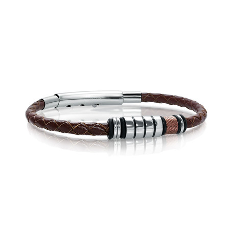 Stainless Steel Three-Way Clasp Leather Bracelet // Brown