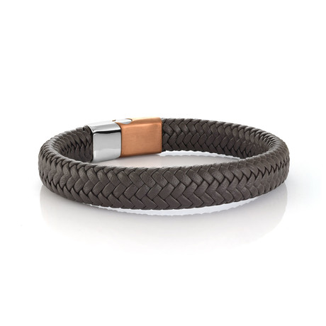 Stainless Steel Coffee Sideways Clasp Leather Bracelet