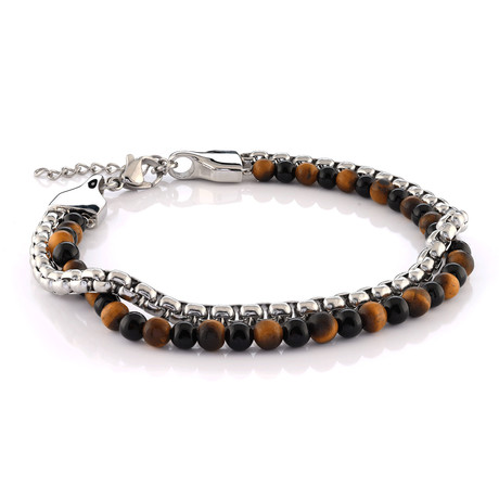 Tiger Eye + Stainless Steel Round Box Double-Strand Bracelet // Brown (S)