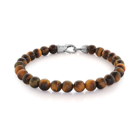Tiger Eye + Stainless Steel Clip Clasp Bead Bracelet // Brown (S)