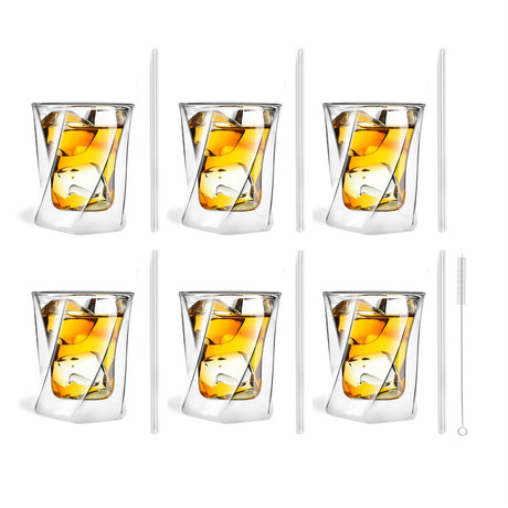 CRISTALLO // 6-Piece Whiskey Double-Wall Glass + 6 Glass Straws 20cm (Transparent)